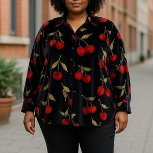 Quacker Factory Black Velvet Cherry Print Button Up Top Whimsigoth Womens Sz 1X